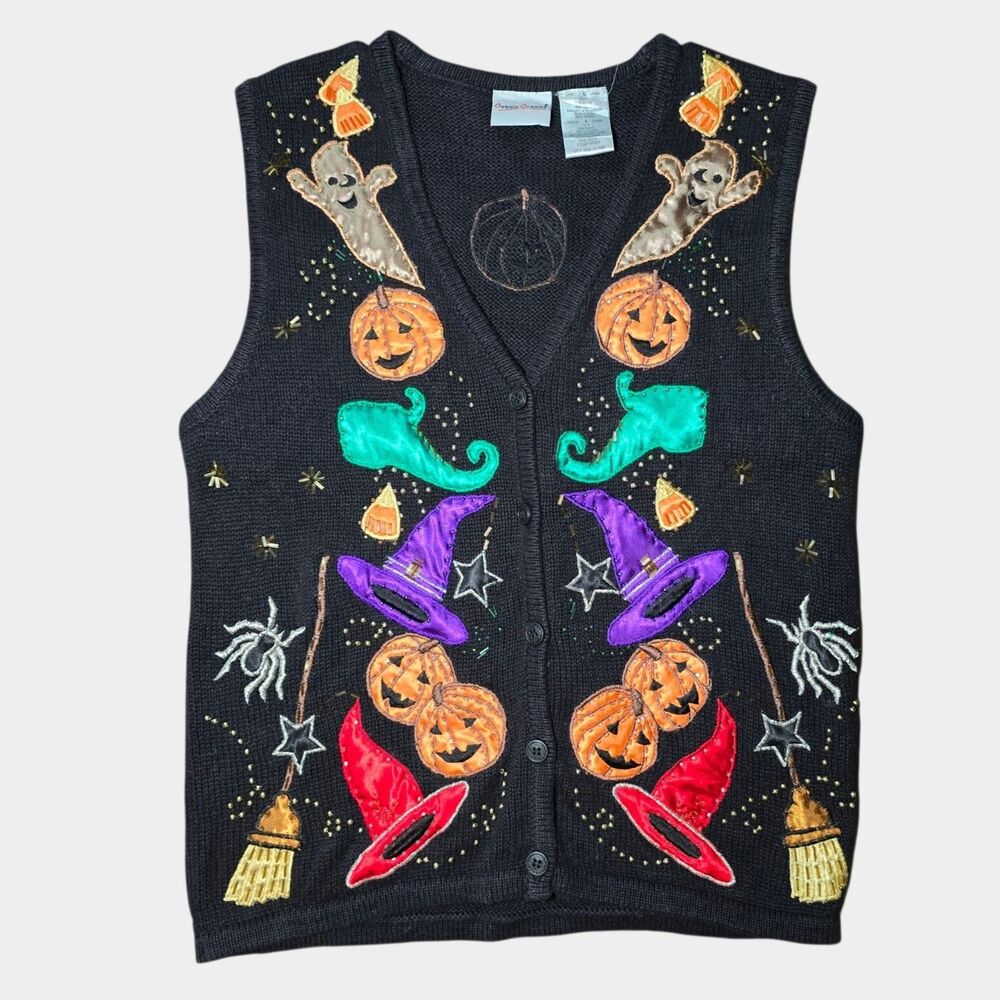 VTG Bobbie Brooks Halloween Knit Sweater Vest Large Black Beaded Pumpkin Large